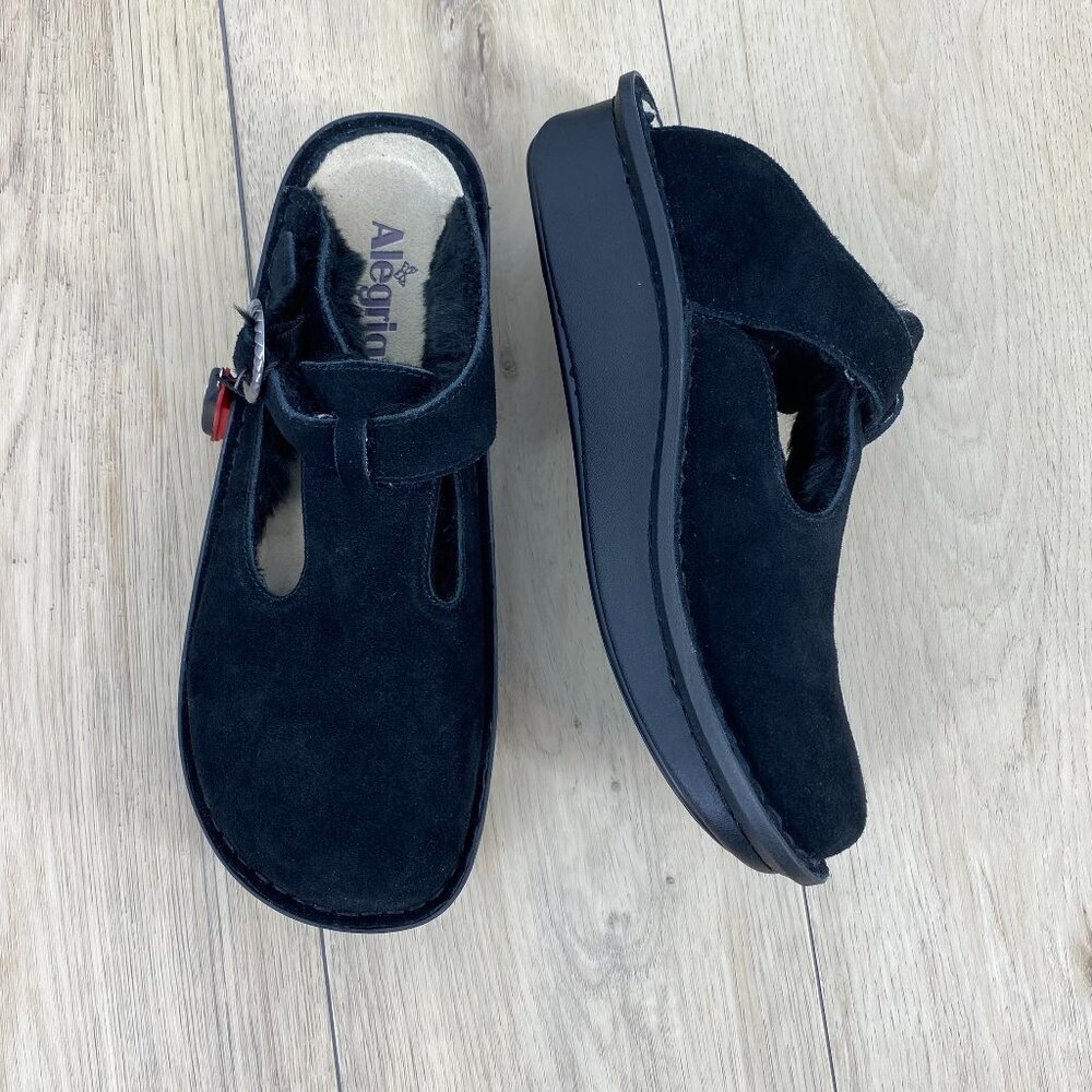Alegria Black Suede Faux Fur Slide On Mules Sz 42/10โ